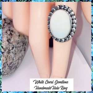 Chunky White Coral Gemstone Handmade Vintage Style Halo Ring